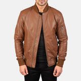 Leather bomber jacket brown for men, made with high-quality sheepskin leather.