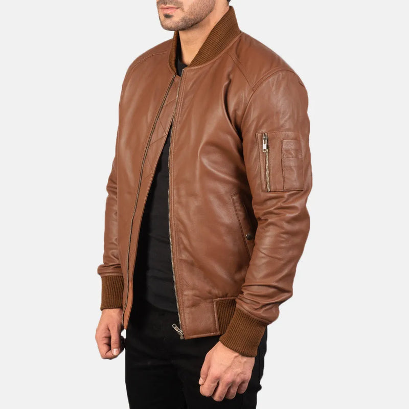 Leather bomber jacket brown for men, made with high-quality sheepskin leather.