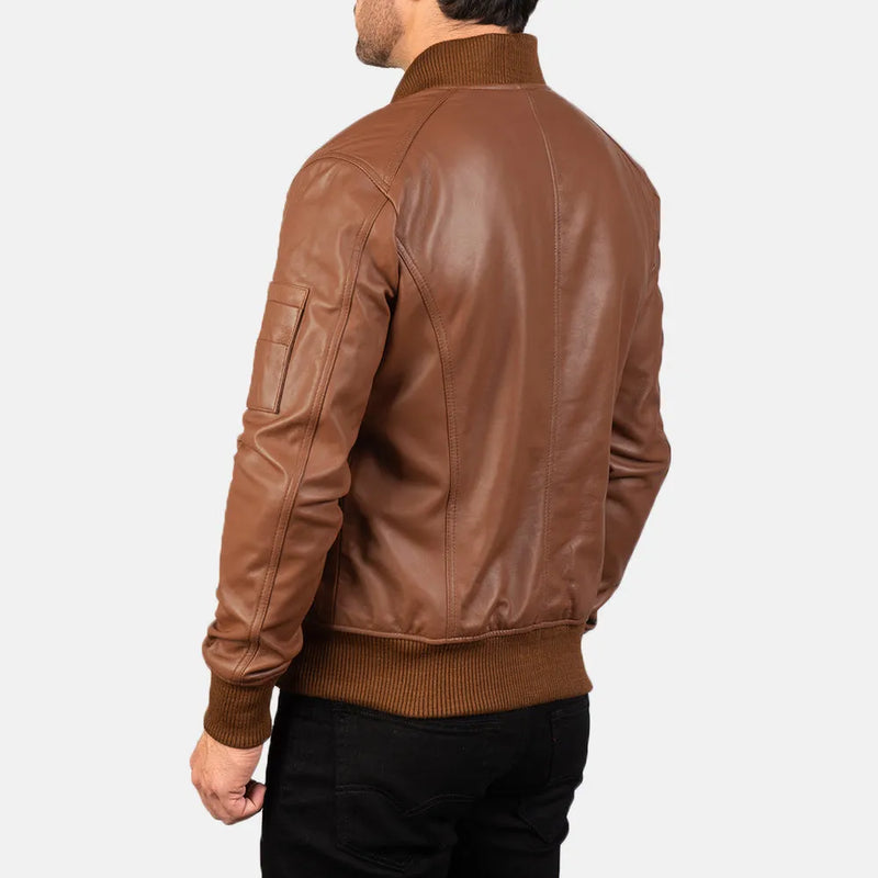 Leather bomber jacket brown for men, made with high-quality sheepskin leather.