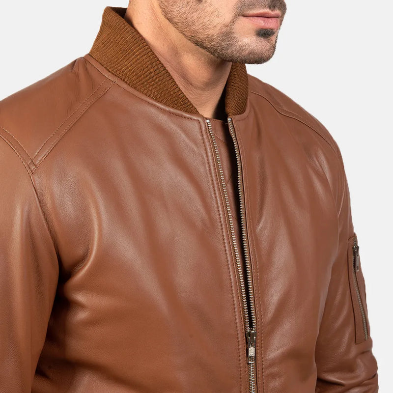 Leather bomber jacket brown for men, made with high-quality sheepskin leather.