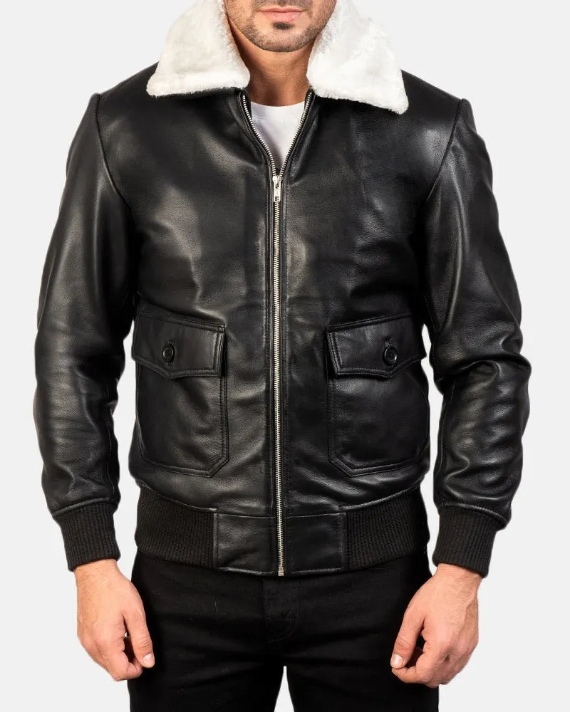 A stylish black leather bomber jacket with a white collar, perfect for the fashionable Bomber Jacket Guy.