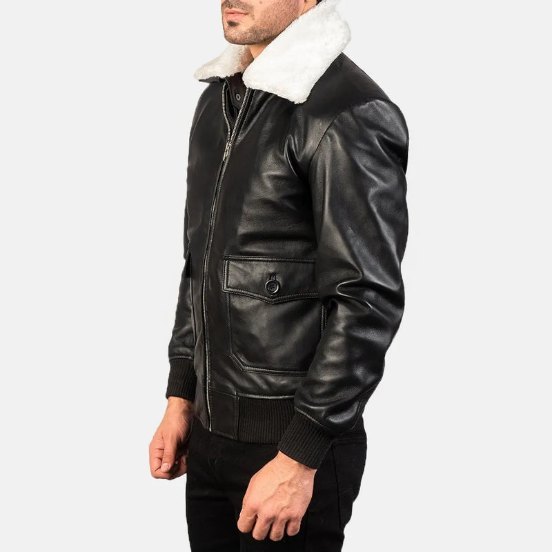A stylish black leather bomber jacket with a white collar, perfect for the fashionable Bomber Jacket Guy.