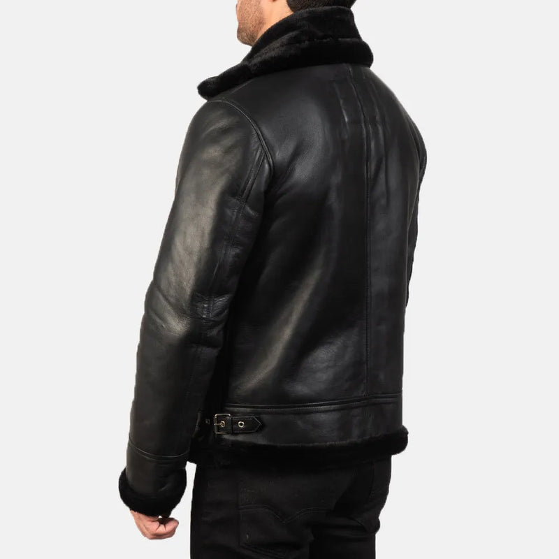 Stay trendy with this Black Bomber Jacket Leather Fur, complete with a warm shearling collar.