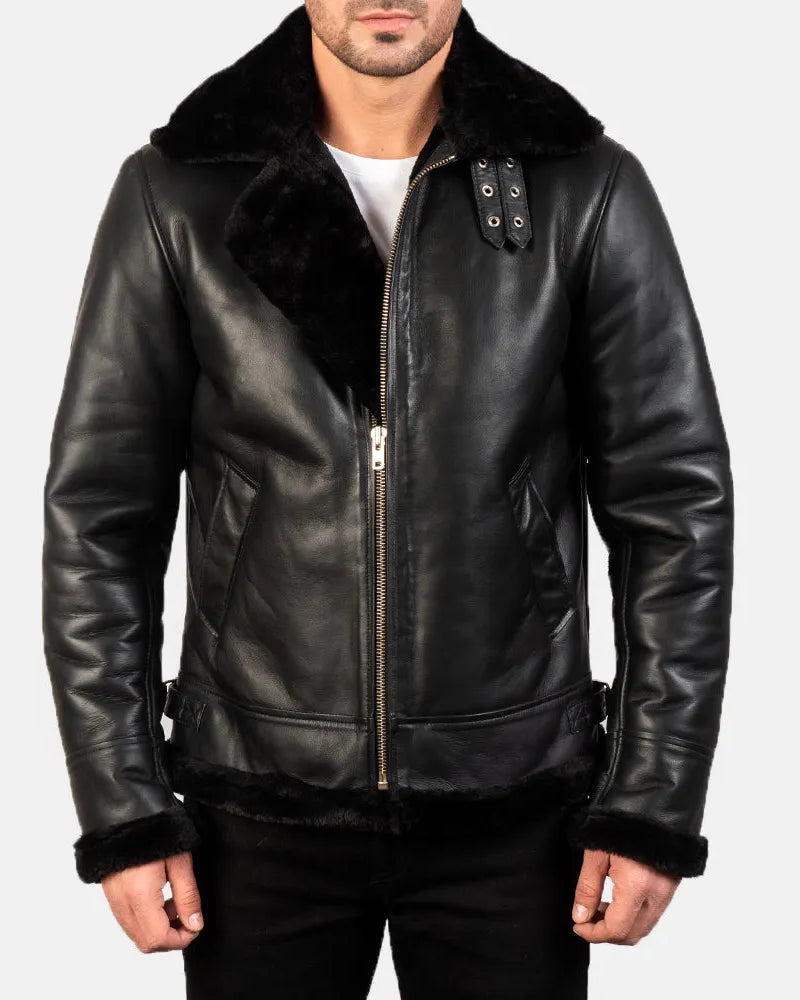 Stay trendy with this Black Bomber Jacket Leather Fur, complete with a warm shearling collar.