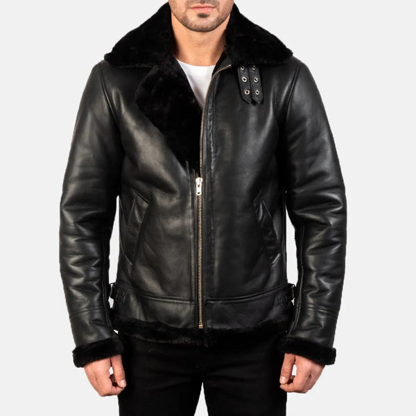 Stay trendy with this Black Bomber Jacket Leather Fur, complete with a warm shearling collar.