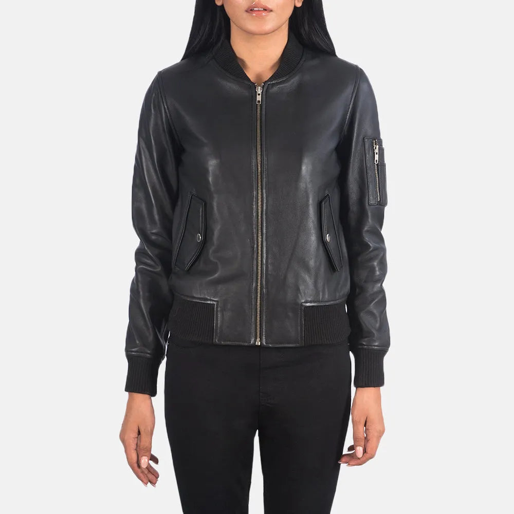 Stay warm and fashionable with this black leather bomber jacket winter for women.