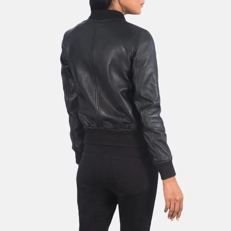 Stay warm and fashionable with this black leather bomber jacket winter for women.
