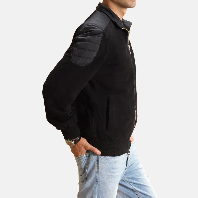 A sleek black bomber men's leather jacket adds a touch of edgy style to any outfit.