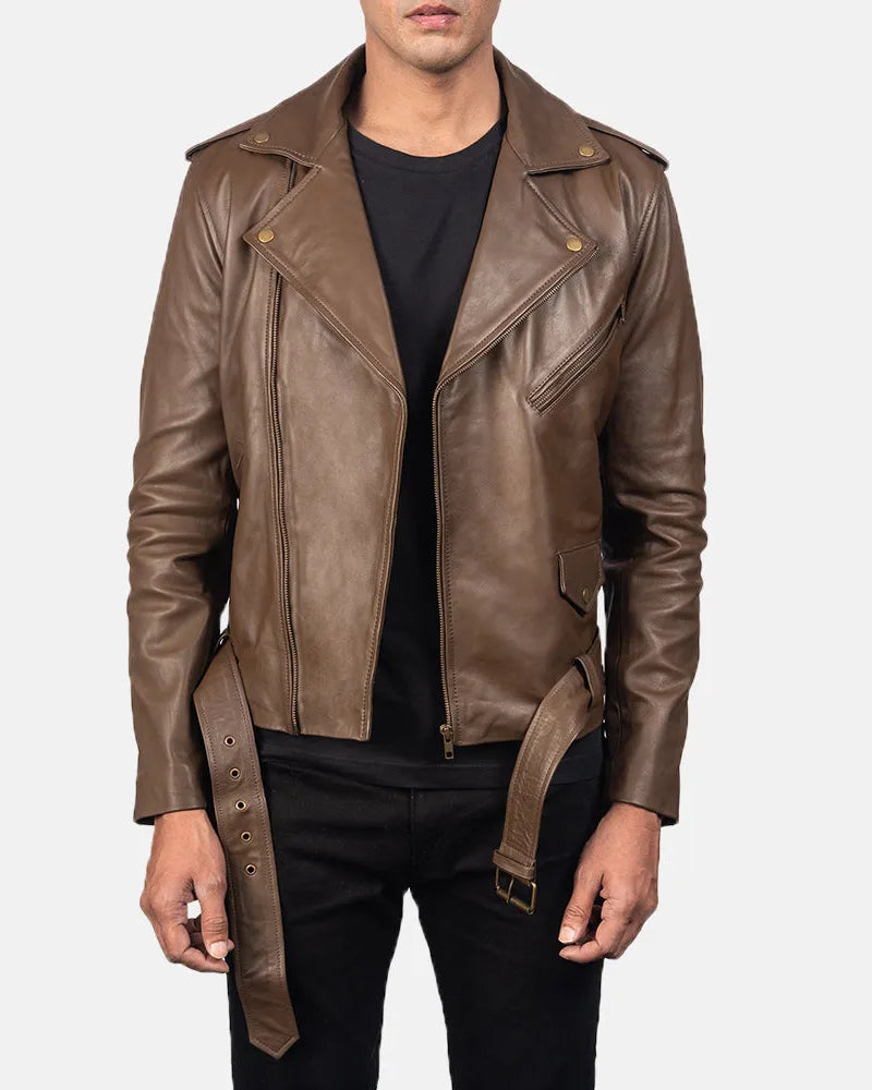 A stylish man rocking a bike leather jacket in rich brown. He exudes confidence and coolness with his fashion choice.