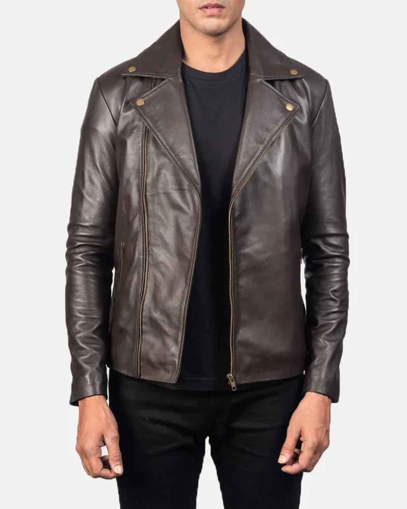 A stylish brown biker jacket, perfect for adding a touch of edgy sophistication to any outfit.