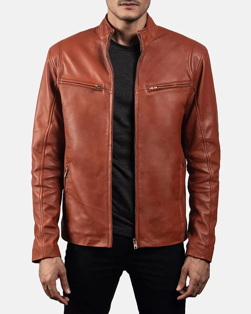 Get the ultimate style with this men's brown moto jacket made from leather.