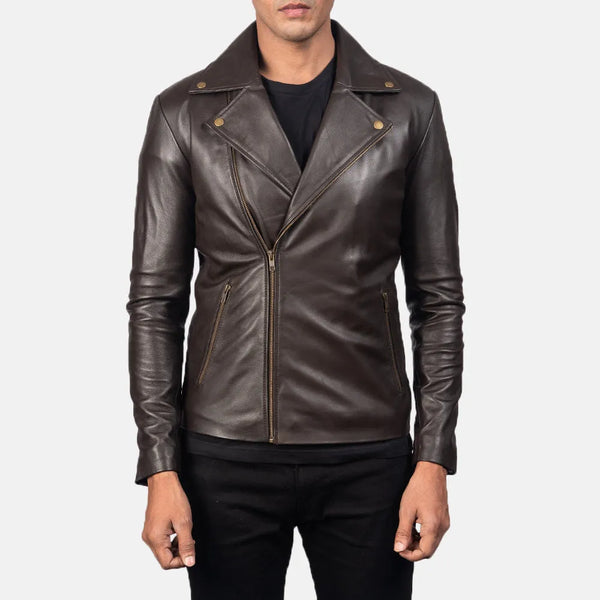 A stylish brown biker jacket, perfect for adding a touch of edgy sophistication to any outfit.