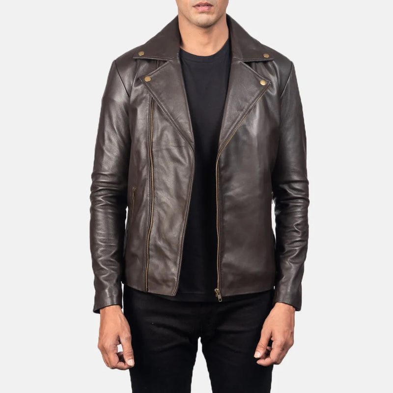A stylish brown biker jacket, perfect for adding a touch of edgy sophistication to any outfit.
