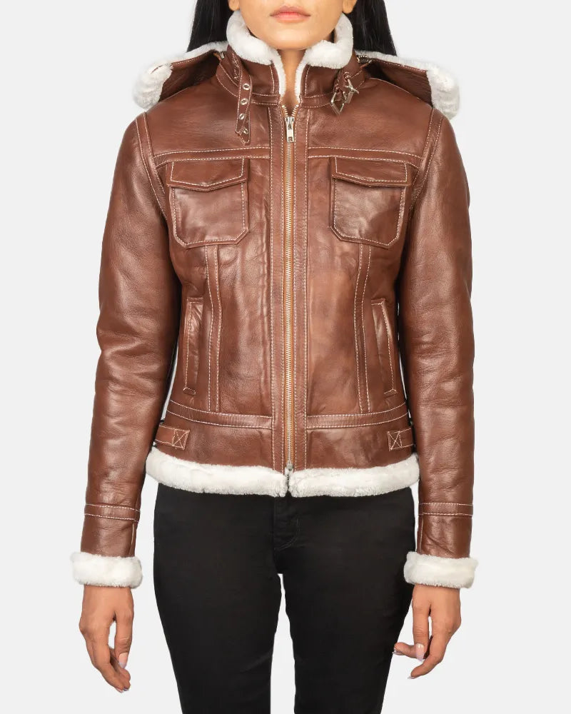 Women's brown bomber jacket leather - stylish and timeless fashion piece made from genuine leather.