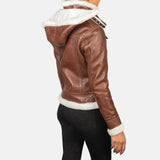 Women's brown bomber jacket leather - stylish and timeless fashion piece made from genuine leather.