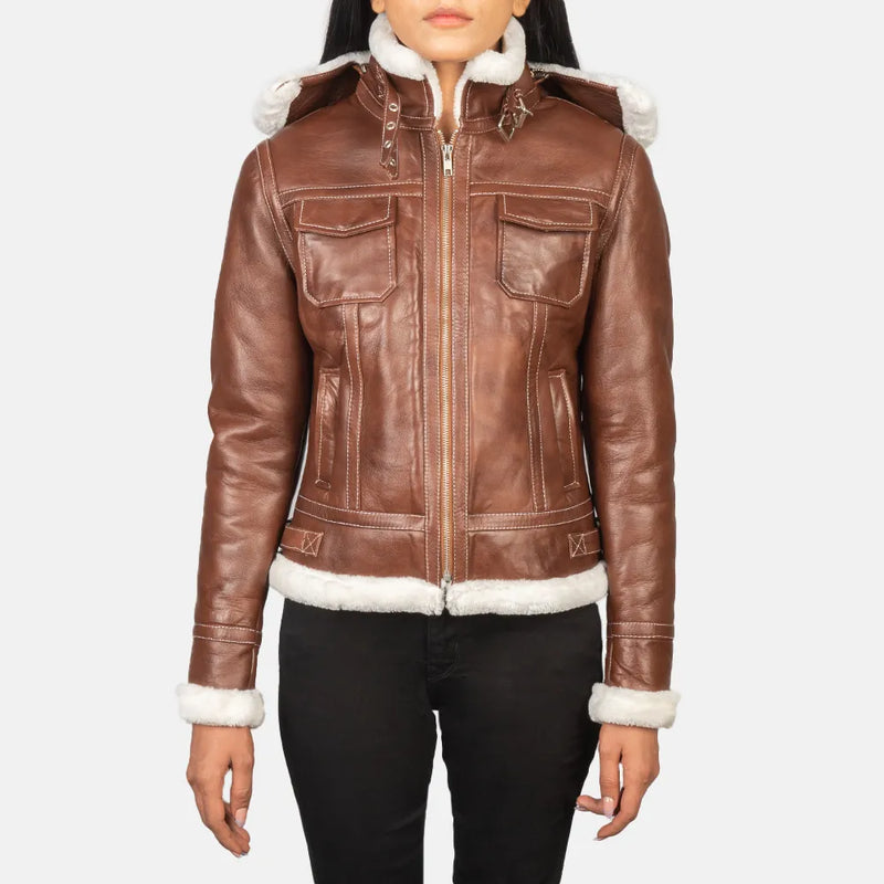 Women's brown bomber jacket leather - stylish and timeless fashion piece made from genuine leather.