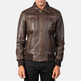 Genuine leather men's brown bomber jacket for a classic look.