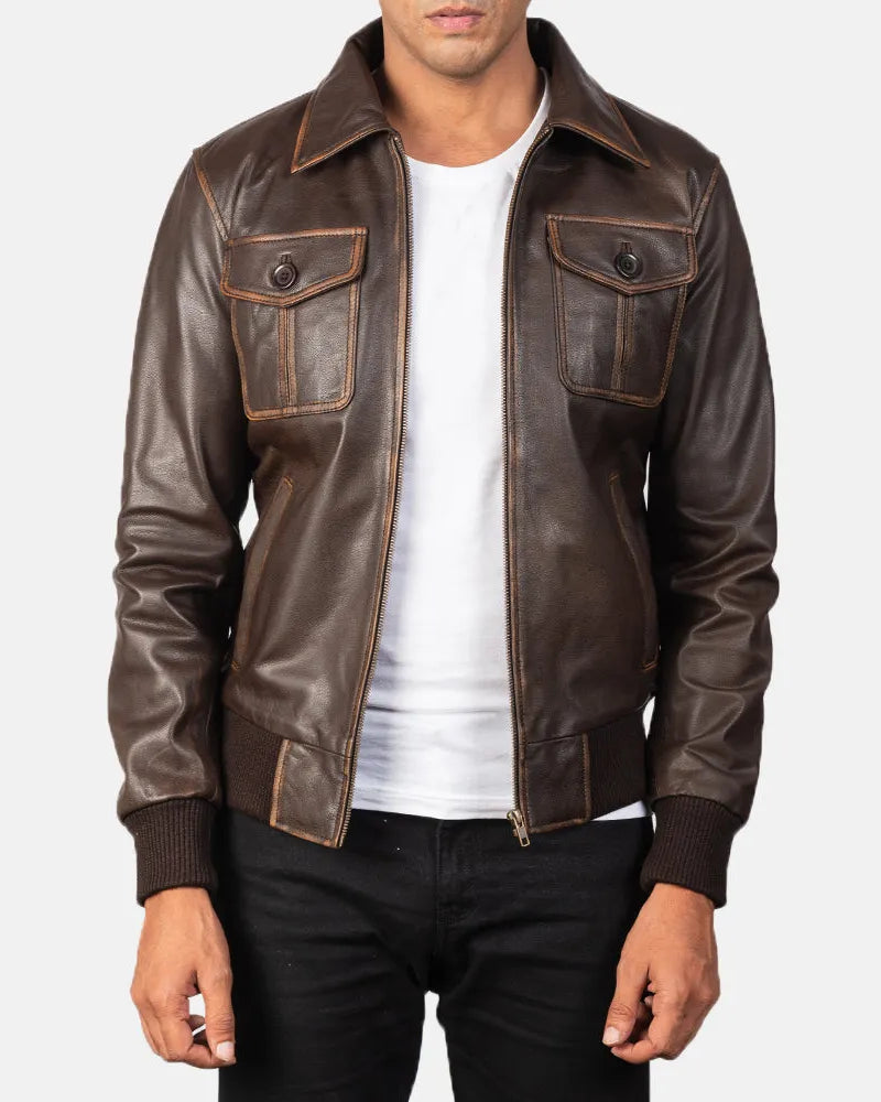 Genuine leather men's brown bomber jacket for a classic look.