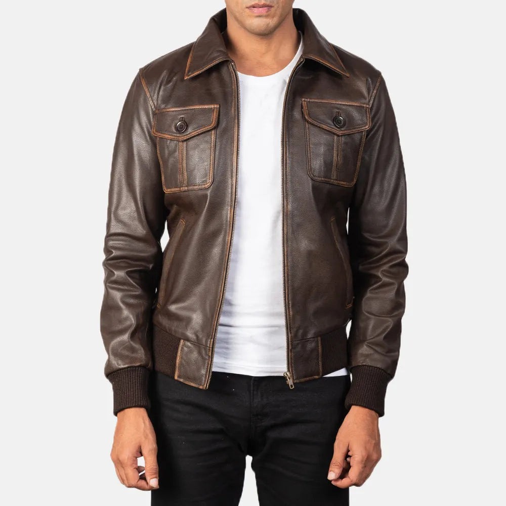 Genuine leather men's brown bomber jacket for a classic look.