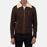 A stylish suede brown fur jacket with a cozy shearling collar, perfect for chilly days.