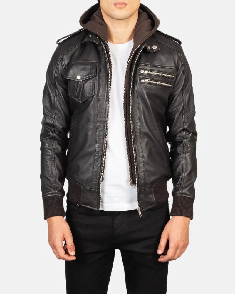 Elevate your fashion game with this exquisite men's leather brown hooded bomber jacket, a timeless piece of luxury.