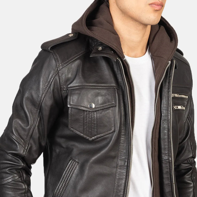 Elevate your fashion game with this exquisite men's leather brown hooded bomber jacket, a timeless piece of luxury.