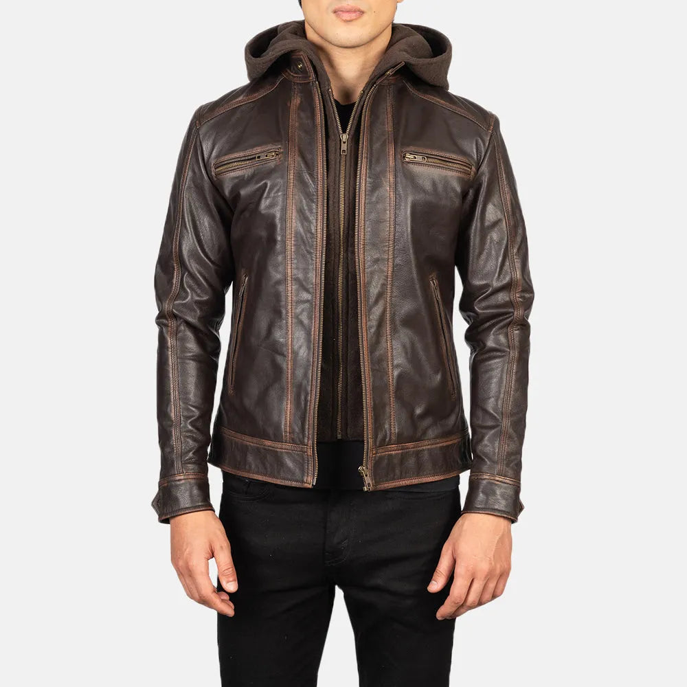 An attractive Men's Motorcycle Jacket, crafted from high-quality brown leather.