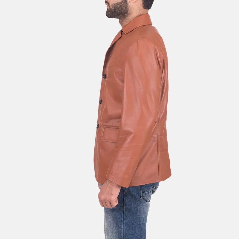 Trendy guy rocking a tan brown leather blazer jacket, showcasing his fashion sense.