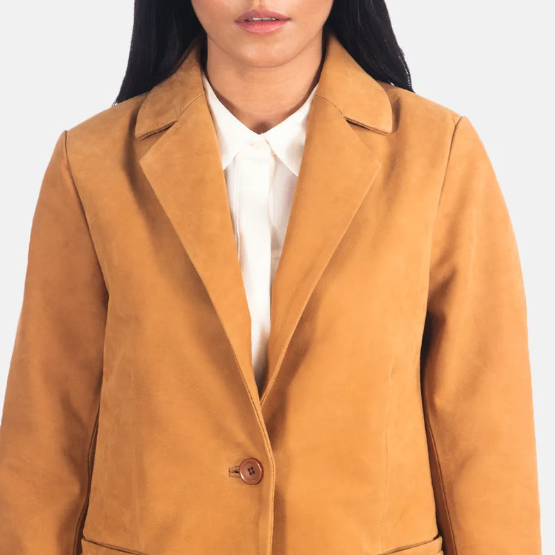 A brown leather blazer woman and black pants, exuding elegance and professionalism.