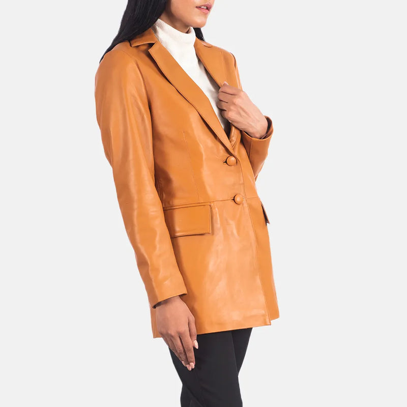This fashion-forward lady exudes confidence in her trendy brown leather blazer, elevating her outfit effortlessly.