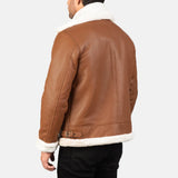 Trendy brown leather bomber jacket featuring white shearling collar.