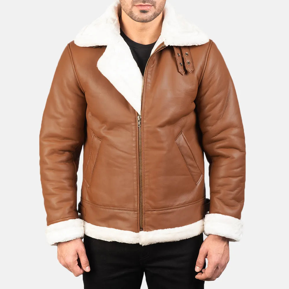 Trendy brown leather bomber jacket featuring white shearling collar.