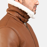 Trendy brown leather bomber jacket featuring white shearling collar.