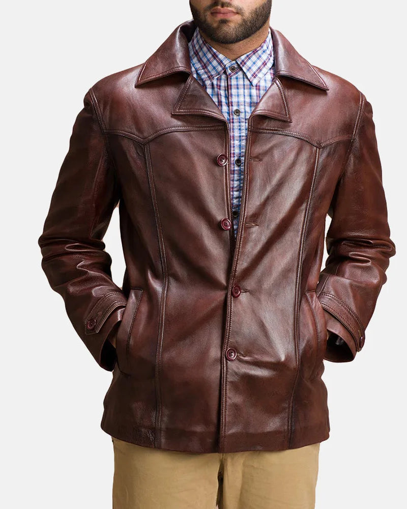 This timeless Men's Brown Leather Coat looks effortlessly cool. The coat is rugged yet fashionable.