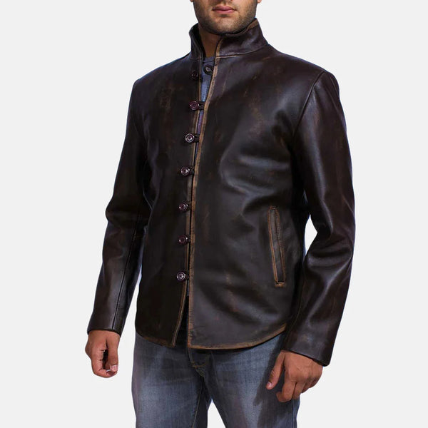 This image showcases a sleek distressed brown leather jacket, radiating sophistication. A true fashion icon!