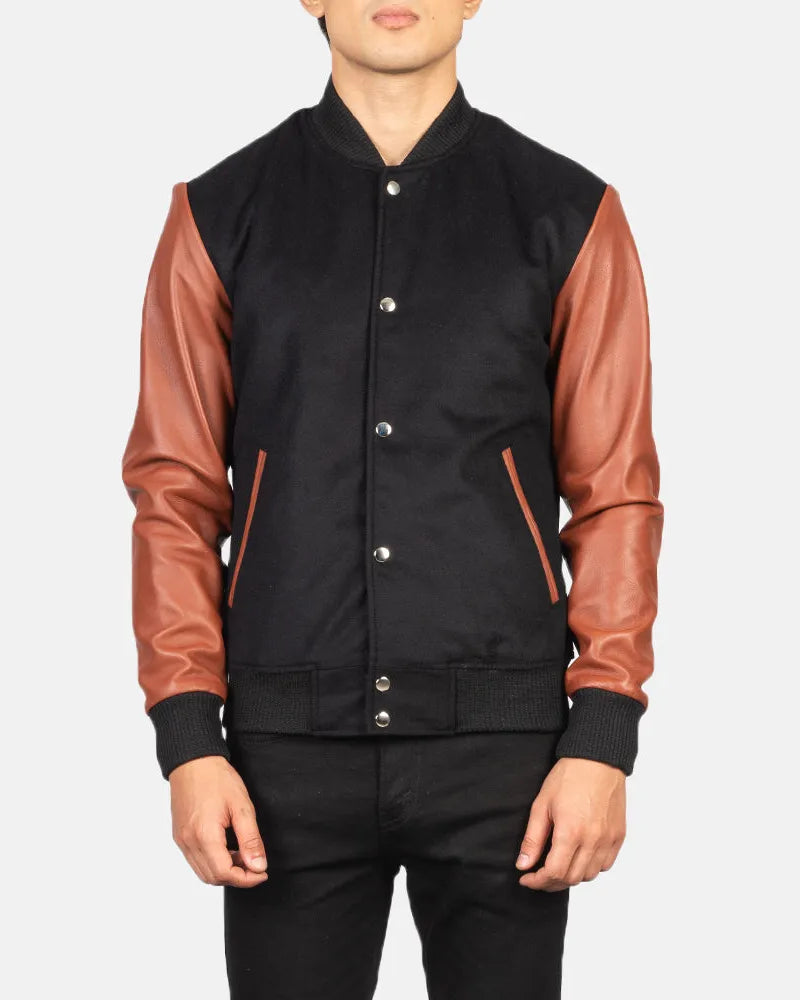 Black and Brown Leather Jacket Male made of Sheepskin leather in Varsity Style.