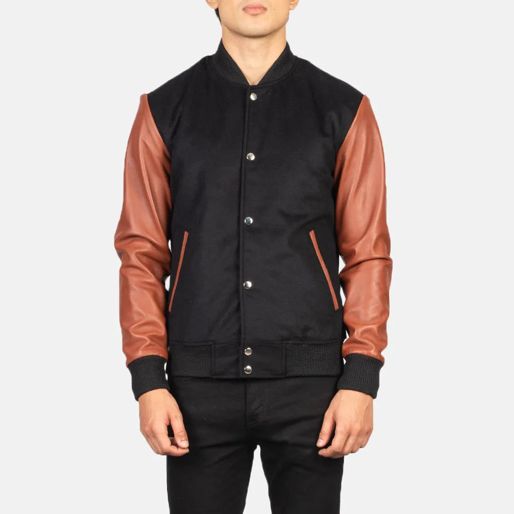 Black and Brown Leather Jacket Male made of Sheepskin leather in Varsity Style.