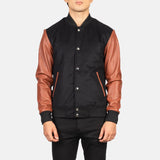 Black and Brown Leather Jacket Male made of Sheepskin leather in Varsity Style.