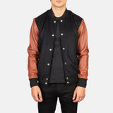 Black and Brown Leather Jacket Male made of Sheepskin leather in Varsity Style.