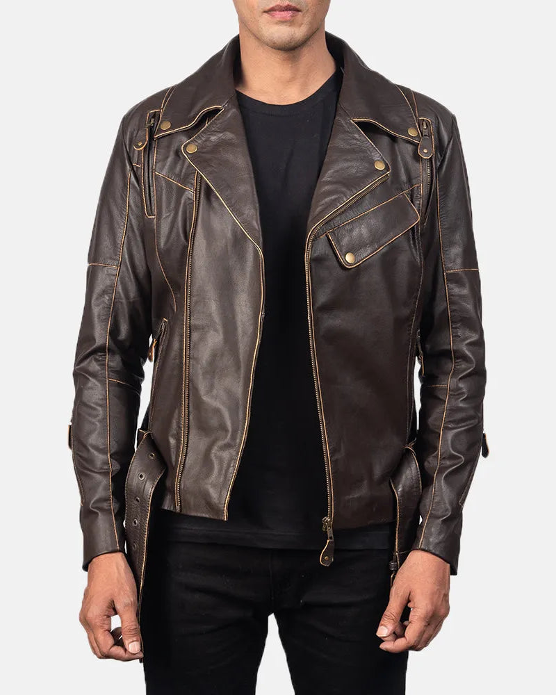 Stylish brown leather jacket motorcycle with zipper details and a sleek design.