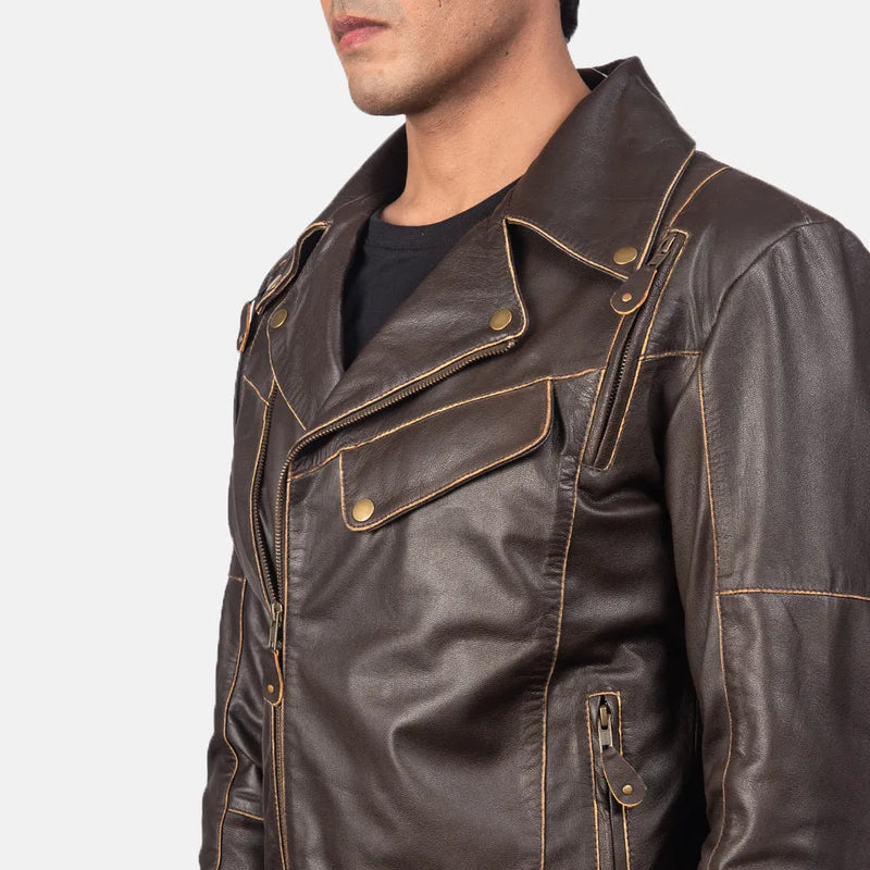  Stylish brown leather jacket motorcycle with zipper details and a sleek design.
