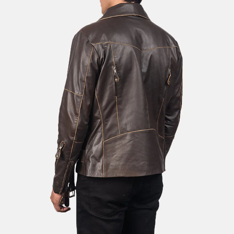 Stylish brown leather jacket motorcycle with zipper details and a sleek design.