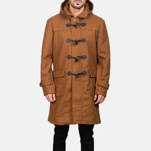 Stylish brown leather long coat with wool hood.