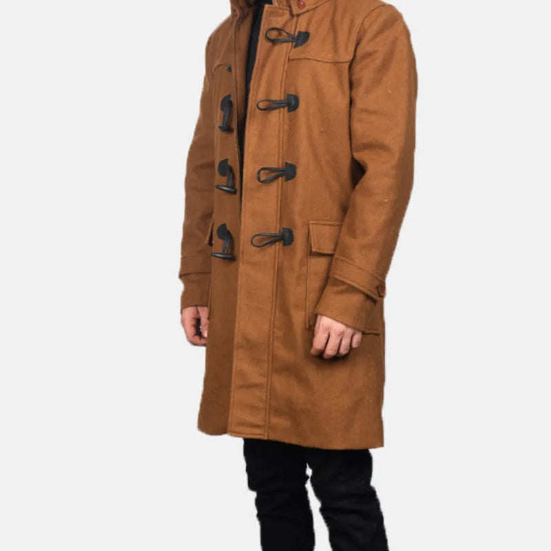 Stylish brown leather long coat with wool hood.