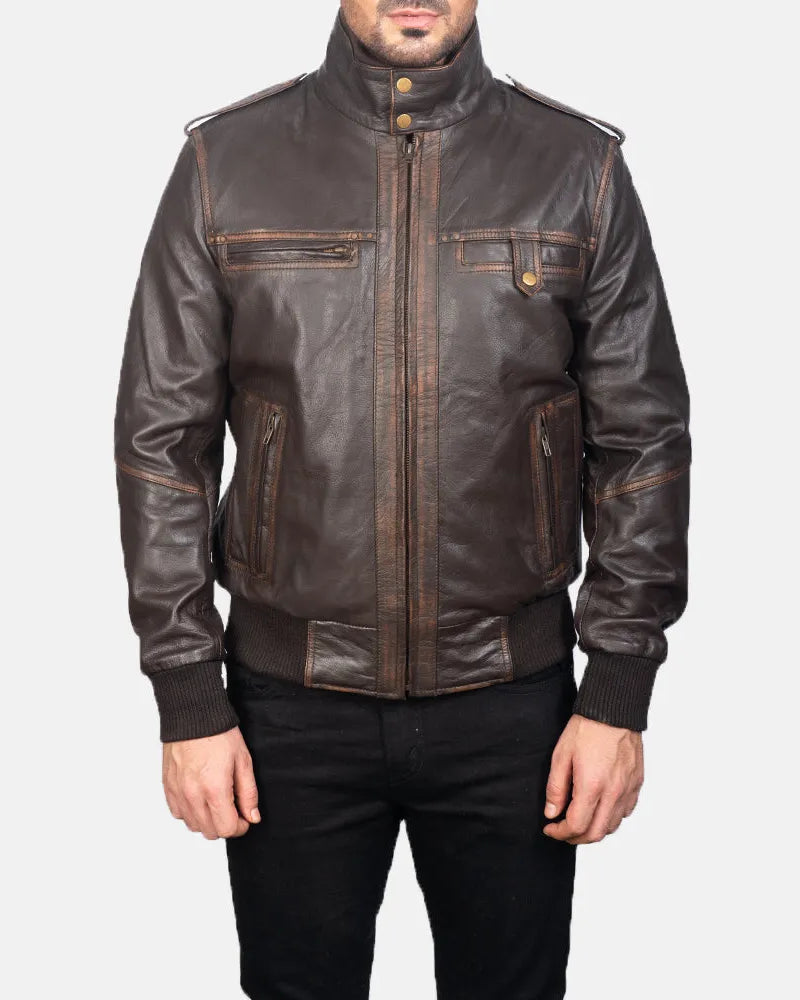 Stay warm in this men's bomber brown leather winter jacket