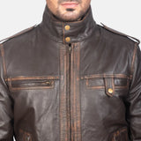 Stay warm in this men's bomber brown leather winter jacket
