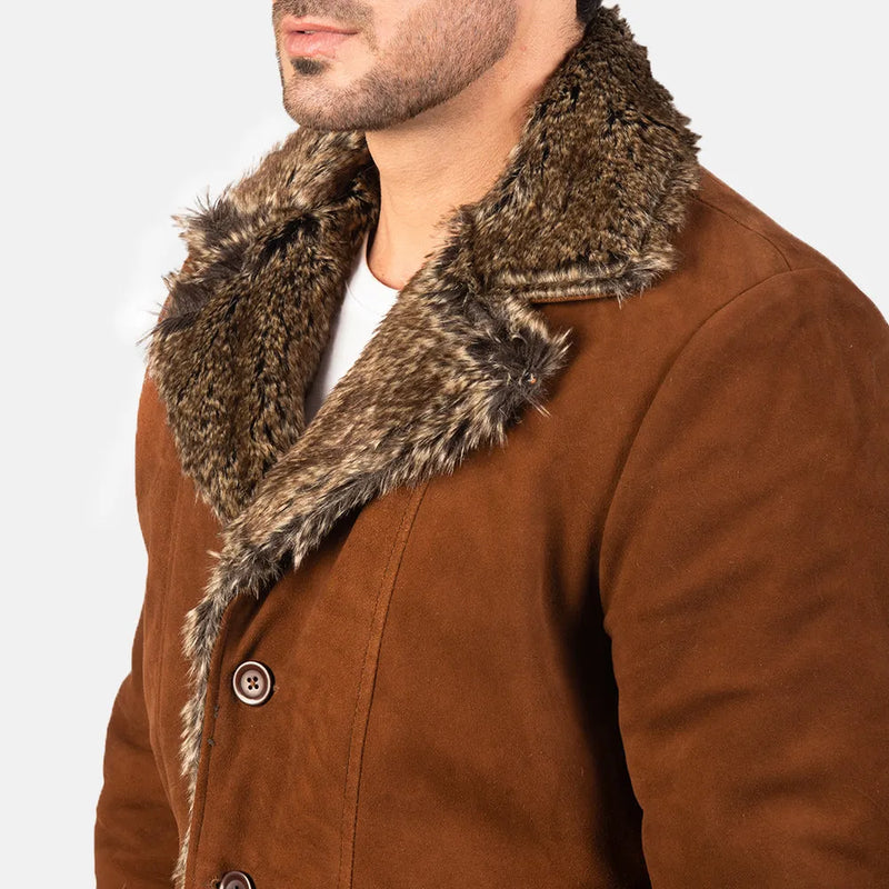 brown Men's leather coat with a fashionable collar and cuffs in shearling material.