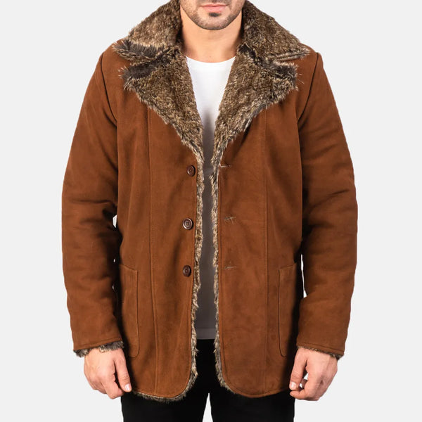 brown Men's leather coat with a fashionable collar and cuffs in shearling material.