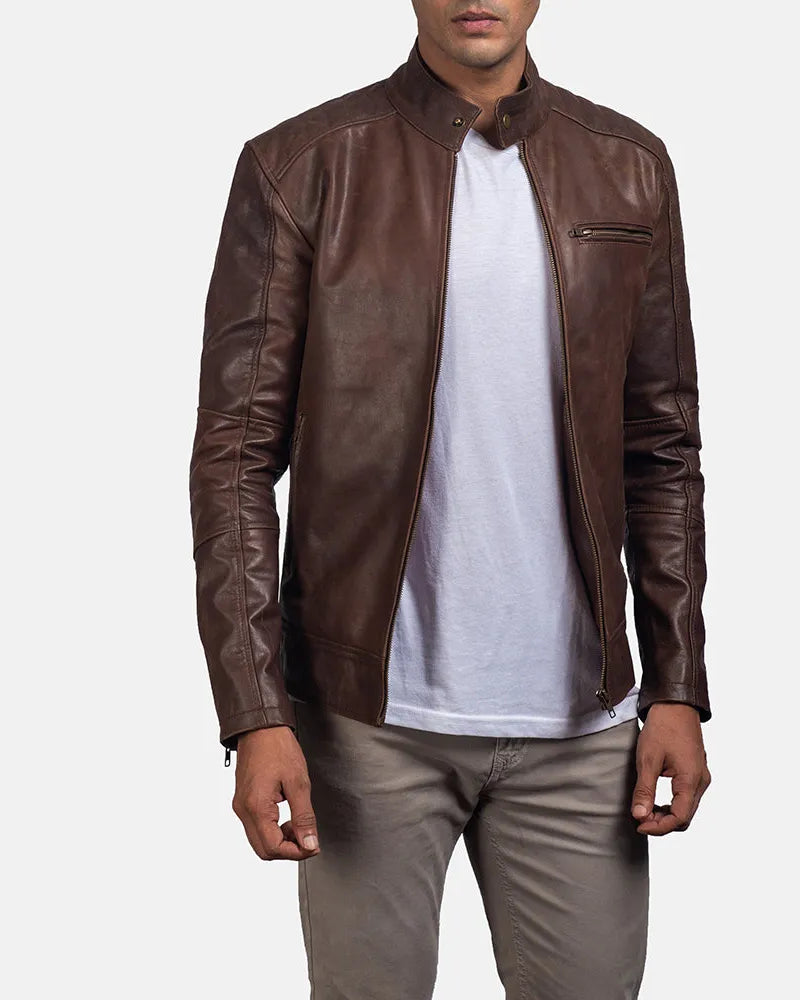 A man wearing a brown leather jacket, exuding style and confidence in his trendy brown moto jacket men's.