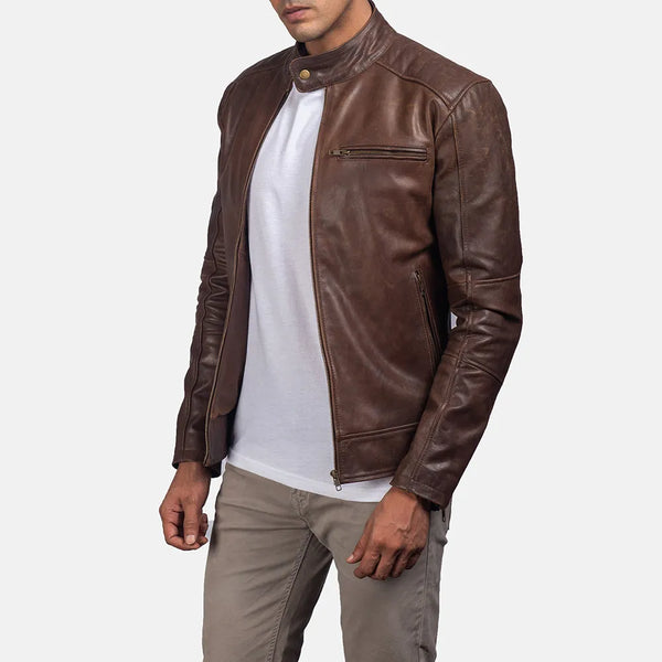 A man wearing a brown leather jacket, exuding style and confidence in his trendy brown moto jacket men's.